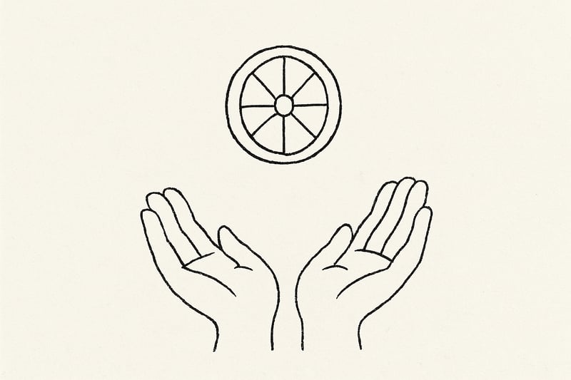Deux mains ouvertes sous une petite roue dessinée au trait, comme prêtes à accueillir un tirage, évoquant simplicité, équité et sécurité partagée.